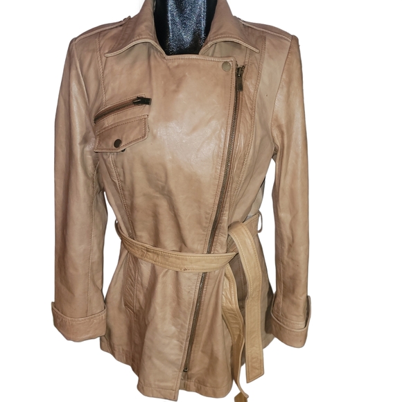 Black Rivet Women's Tan Leather Belted Jacket L - Picture 2 of 10